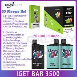 100 % Original IGET BAR 3500 Puff Einweg-Vape, 20 Geschmacksrichtungen, 1500 mAh Akku, elektronische Zigaretten-Puffs 3500, 12 ml vorgefüllter Pod