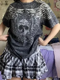 Kvinnors T-skjortor Kvinnor E-Girls Kort ärm T-shirt Rund hals Y2K GOTHIC Skull Wings Print Tops Fairy Grunge Tee Aesthetic