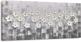 Canvas Wall Art Grey and White Flowers Pictures Blossom Modern Floral Pallet Knife Painting Framed for Bedroom Kitchen Dinning Room Living Room Office Home Decor