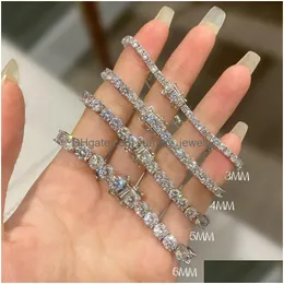 Tênis 100% S925 Sterling Sier Tennis Chain Pulseiras 2mm M 4mm 5mm 6mm Luxo Cubic Zirconia Clássico Bling Iced Out Hip Hop Casamento Dhsz7