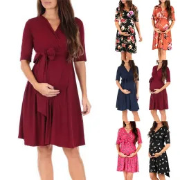 Vestidos de maternidade vestido envoltório com cinto ajustável algodão solto vestido casual feminino roupas para grávidas plus size christma vestido de maternidade