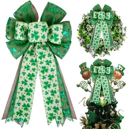 St Patricks' Day Burlap Bow for Wreath Shamrock Bows Ornaments, Green Irish Clover Ribbon Decorations 1221698