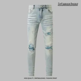 Amlrl designer jeans masculinos roxo jeans high street rasgado remendos homens mulheres amirs estrela bordado painel calças estiramento slim fit calças