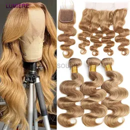 Synthetic Wigs #27 Honey Blonde Human Hair Bundles Deal with HD Closure Frontal 5X5 Ombre Colored Body Wave Raw Hair Weave Bundle with Closure zln240222