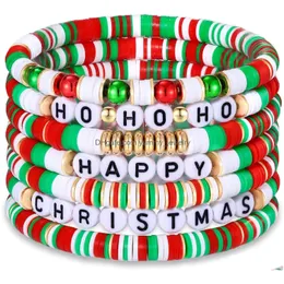 Набор рождественских браслетов из бисера из бисера 7 шт. Праздничные эластичные нити Heishi Красный Зеленый Полимерная глина Буква Штабелируемые подвески дружбы S Dhg1G