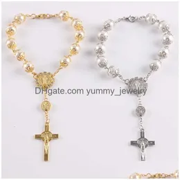 Charme Pulseiras Cruz Rosário Pulseira Relius Jóias Mulheres Homens Moda Sier Gold Beads Vidro Pérola Jesus Christian Charme Pulseiras Wi Dhesn