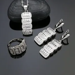 Sets Klassische 925 Sterling Silber Hochzeit Schmuck Sets Für Frauen Weiß Kristall Tropfen Ohrringe/Ringe/Anhänger/halskette Set