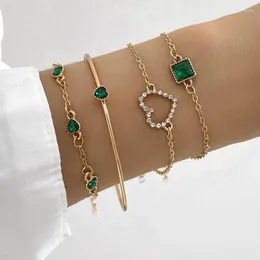 Charm Bracelets Fashion Green Rhinestone Heart Bracelet Set For Women Square Crystal Chain Bangle Female Trendy Jewelry Accessories