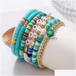 Beaded 7Pcs Faith Bracelets Set Surfer Heishi Beaded Strands Love Heart Charm Soft Clay Stackable Boho Wristbands Women Summer Beach Dhsh7