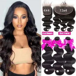 Synthetic Wigs Peruvian Body Wave Bundles With Frontal 100% Human Hair 3 Bundles With Closure HD Transparent Lace Frontal With Bundles 12A Hair zln240222
