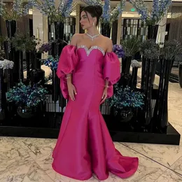 Fuchsia Mermaid Evening Dress Gowns 2024 Satin Strapless Balloon Sleeves Beaded Satin Women Prom Formal Gowns Over-skirt Vestidos De Fiesta