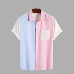 Sommarkläder Mens Short Sleeve Patchwork Shirt Casual Turn-Down Cell Button Streetwear Leisure High Quality 240219