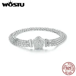 Armband Wostu 925 Sterling Silver Rose Flower Basic Flat Wide Chain Armband Fit Original Charms Beads Diy Jewelry Party Birthday Present
