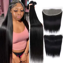 Synthetic Wigs Silk Straight Human Hair Bundles With 13x4 HD Lace Frontal With Brazilian Weavings 3 Bundles With Closure for Women zln240222