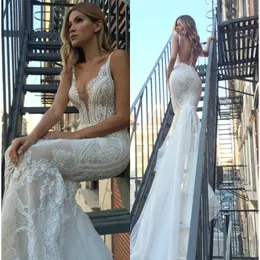 Stunningbride 2024 modern pallas couture luxury mermaid wedding dresses plunging neck backless sexy lace plus size beach bridal gowns