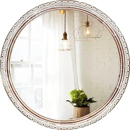 둥근 거울 24 인치, 농가 목재 서클 거울, 출입구, 침실, 거실, 소박한 나무 교수형 거울을위한 벽 거울 장식
