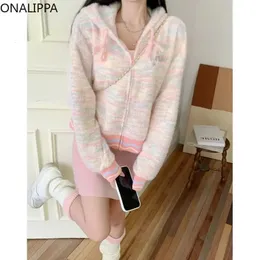 Onalippa Rainbow Color Rands Croped Cardigan Zip Up Contrast Sweet Hooded Sticked Cardigans Korean Slouchy Style tröja 240219