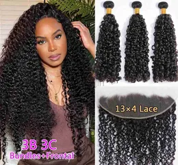 Synthetic Wigs Brazilian 3B 3C Spirals Curly Bundles With Frontal 10A Pixie Curl Virgin Human Hair Kinky Curly Weave With Closure zln240222