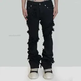 Jeans Fashion Flared Men's Ripped Distressed Streetwear Black Denim Pants Long Ribbons Trend Man Emodern888