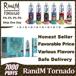 Original RandM Tornado Puffs 7000 Einweg-E-Zigaretten-Pod-Gerät 7000 Puff Leistungsstarker Akku 14 ml vorgefüllte Patrone Mesh Coil RGB-Licht-Vape-Pen-Kit VS Randm 7k