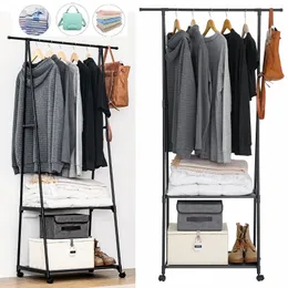 Clothes Rack on Wheels Stainless Steel Rolling Garment Rack with with 2-Tier Storage Shelves and 2 Coat Hooks for Shoes Clothing Portable Garment Laundry Rack for Home