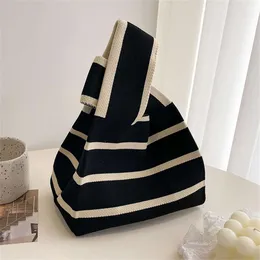 New Wide Striped Handmade Knitted Handbag Minimalist Korean Women Mini Knot Wrist Bag Tote Bag Student Reusable Shopping Bags