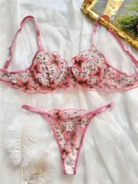 Bras Sets Sexy Lace Bra Briefs Set Ultra Thin Lingerie Pink Underwear Butterfly Embroidery Fancy Flowers Mesh See Through Exotic