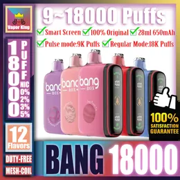 Original Bang Box 9000 9K Puff 9000 9K wiederaufladbarer Smart Screen Einweg-Vape-Pen E-Zigaretten-Netzspule 28 ml vorgefüllter 650-mAh-Akku 18000 18K