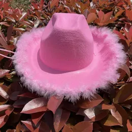 Berets Women's Pink Western Cowboy Hat Fluffy Beather Brim Cowgirl Birthday Party Po Props Jazz Hats Sombrero Hombre