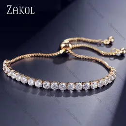 Zakol Fashion Cubic Zirconia Tennis Bracelets Bangle for Women White Round Crystal Adjustable Bracelet Wedding Jewelry