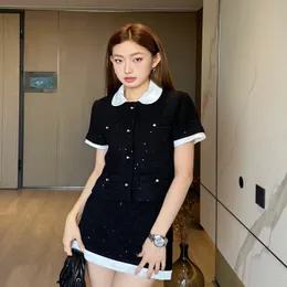 Designer Women's Two Piece Dress Rhinestone Embellishment Elegant Princess Style Summer Colour Blocking Short Sleeve Straight Top Skirt Two Piece Set