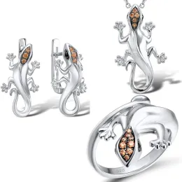 Set KOFSAC 2020 Set di gioielli alla moda 925 collane in argento sterling Anelli per le donne Personalità Geco Orecchini con zirconi marroni Regali per signora