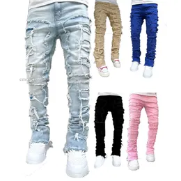 Men's Jeans Regular Fit Stacked Patch Distressed Destroyed Straight Denim Pants Streetwear Clothes Casual Jean Emodern888