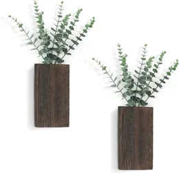 2 Pack Wood Wall Planter Vase with Artificial Eucalyptus Farmhouse Wall Hanging Decor Pocket Planter for Indoor Fake Plants, Living Room Bedroom Office Decoration
