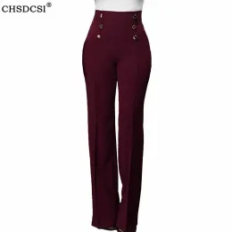 Capris Chsdcsiボタンハイウエストストレートズボン女性ジッパーアップカジュアルロングワイドレッグパンツ女性ブラックホワイトサマーオフィスNEW