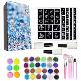 Dresses Temporary Glitter Tattoos Kit for Kids 200 Stencils 24 Glitter Colors 5 Brushes 3 Body Glue Sparkly Colorful Tattoos for Girls T