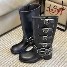 Tokalı Kadın Botları Luxury Knight Boot Deri Cowgirl Martin Kovboy Y2K MI* Yuvarlak ayak parmağı tıknaz topuk bisikletçi ayakkabıları kahverengi ve siyah og sürüm boyutu Eur 35-40