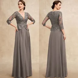 Grey Gowns for Mother Of The Bride V Neck 3/4 Sleeves Chiffon Beaded Lace Mothers Dresses with Belt Pleated Mum of Groom Gown for African Black Women AMM117