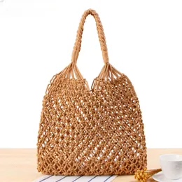 Pamuk halat içi boş saman çanta şeffaf macrame tote bohemian ultra hafif omuz çantaları net paket vintage retro şık el çantası