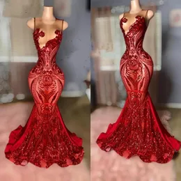 Sparkly Red Sequin Prom Dresses For Black Girls 2024 Sheer O-Neck African Women Plus Size Formal Evening Occasion Gowns