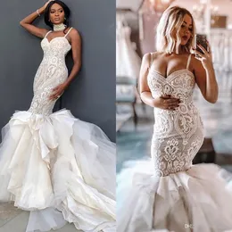 Stunningbride 2024 Plus Size Mermaid Wedding Dresses Sexy Spaghetti Lace Appliques Tiered Skirts Gorgeous Beach Bridal Gowns Custom Made