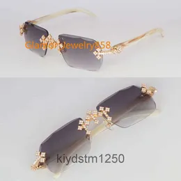 Luxury Moissanite Set Rimless Womans Big Stones Diamond Sun Glasses Original White Horn Limited Edition Sunglasses Men Woman Size 58 New 7SJP