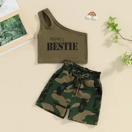 Roupas conjuntos de roupas infantis de menina de menina de menina de menina impressão de um tanque de ombro com camuflagem de roupas de verão para crianças roupas