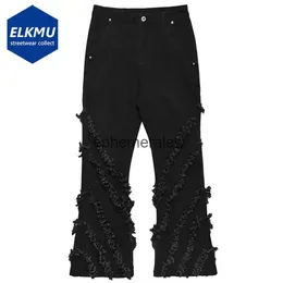 Erkekler Kot punk alevlendi kot pantolonlar sıkıntılı bir ekleme siyah gevşek denim pantolon harajuku hip hop sokak kıyafeti kot pantolon maleh24222 için