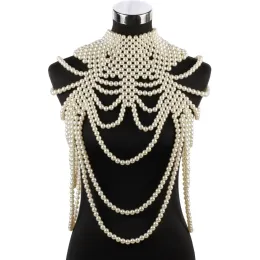 Naszyjniki Perły Naszyjnik dla kobiet Floratyczne szal ramię Chunky oświadczenie koralika Faux Pearl Body Custome Big Choker Long Jewelry