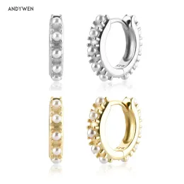 Orecchini ANDYWEN Argento sterling 925 Oro 9,5 mm Perla Huggies Clip Clip per gioielli di lusso Clip per piercing Cerchio di moda Gioielli Punk rock