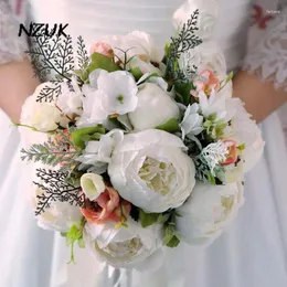Fiori matrimonio NZUK Penoy Bouquet da sposa Vintage Trouwboeket Rosa artificiale Seta damigella d'onore Ramo Dama Honor