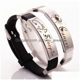 Charm Armbänder Edelstahl Gummi Männer Armband 12 Konstellationen Weiß Schwarz Sile Armband Armreifen Sternzeichen Manschette Schmuck für Dhbq2