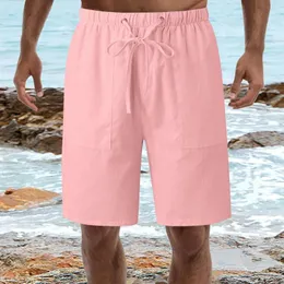 Мужские шорты, повседневные хлопковые льняные шорты для мужчин, модные однотонные шорты с эластичной резинкой на талии и двойным карманом, пляжная одежда для отдыха