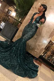 Emerald V-Neck Sequins Lace Prom Dress Mermaid Sheer Long Sleeves Evening Gowns Formal Occasion Party Dress Black Girls Graduation Wears